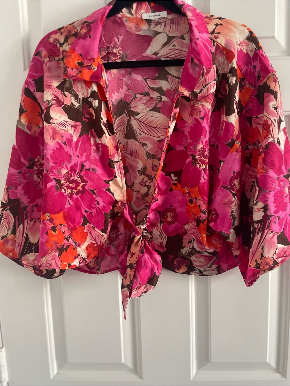 Pleione Hot Pink Floral Tie-Front Blouse - Picture 3 of 4